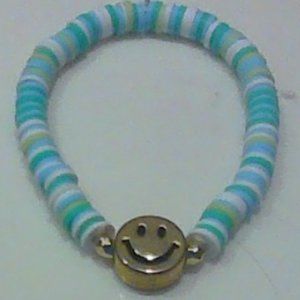 Green and Blue Polymer Clay Bead Bracelet w/ Gold Smile Charm